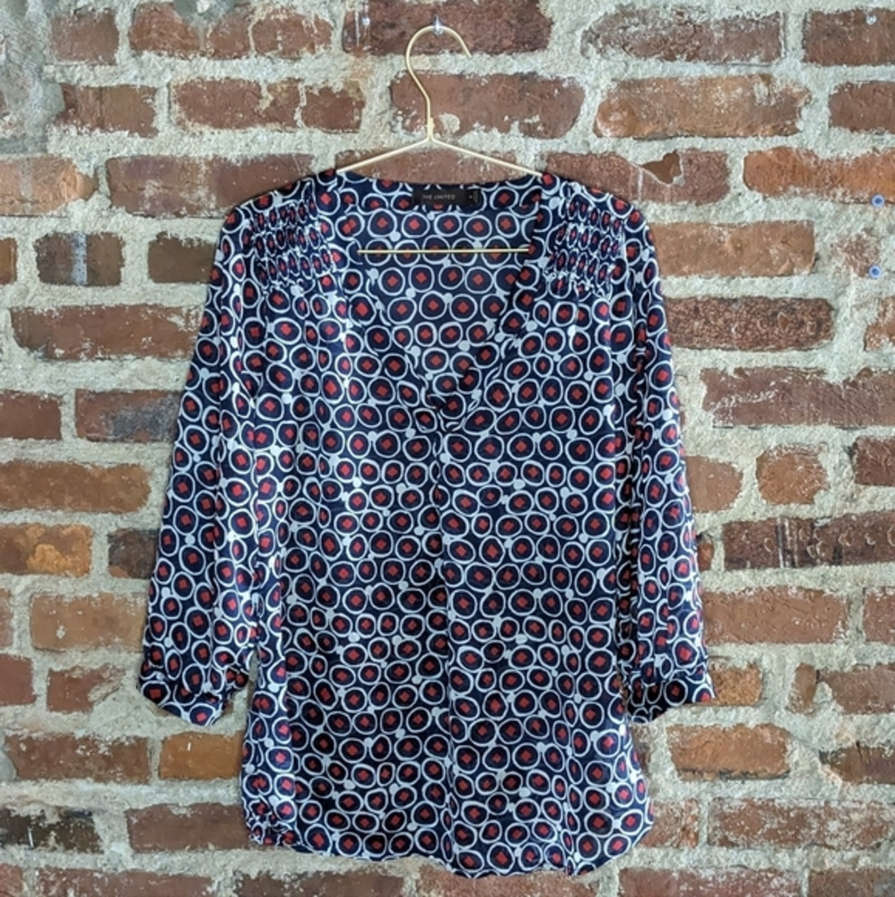 The Limited Medium Blue, Red & White Abstract Sheer Tunic Blouse
